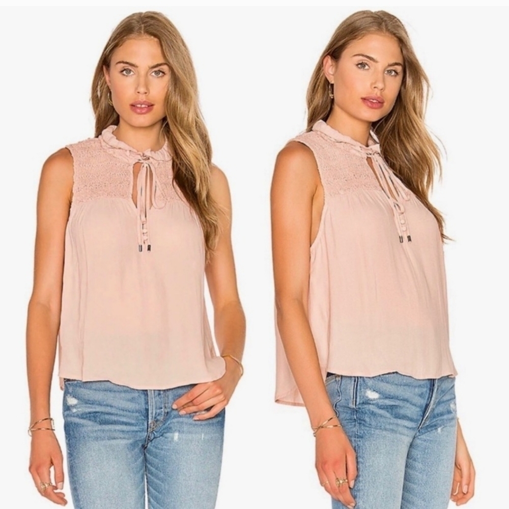 Free People Revolve Ruffle Me Up Pink Button Front Smocked V Neck Tank Top